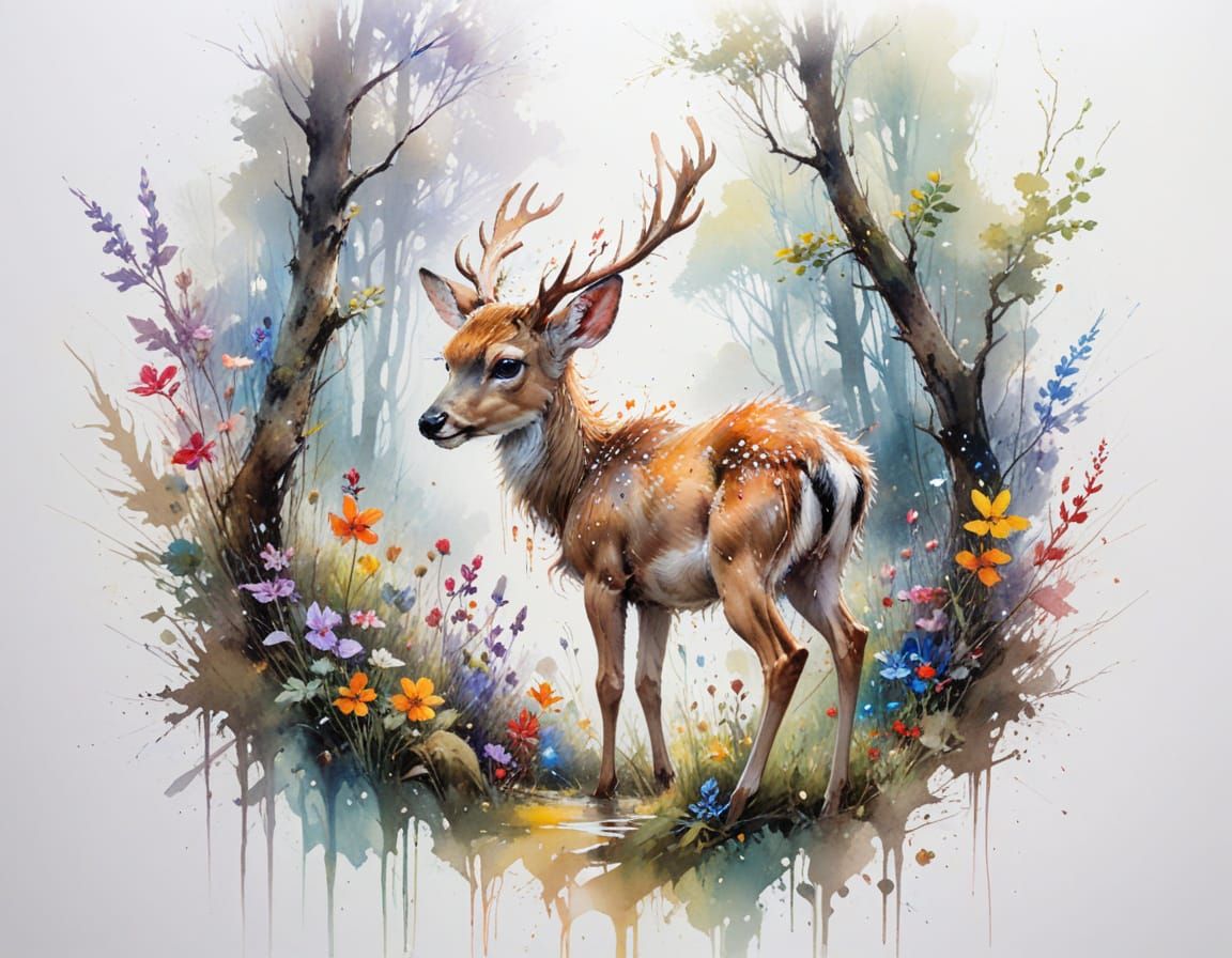 Playful Fawn in Vibrant Watercolor Forest