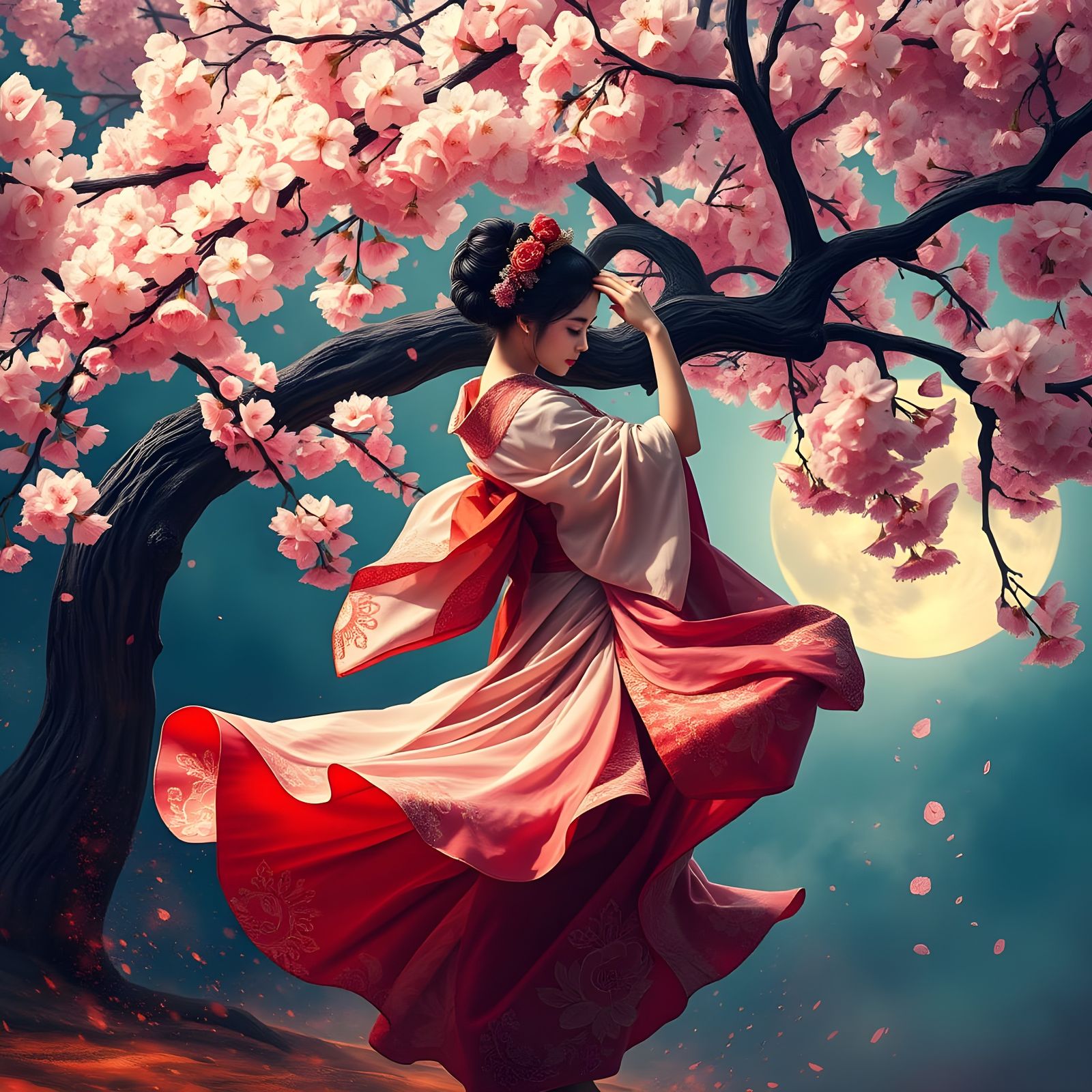 Graceful Geisha Dance in Art Nouveau Style