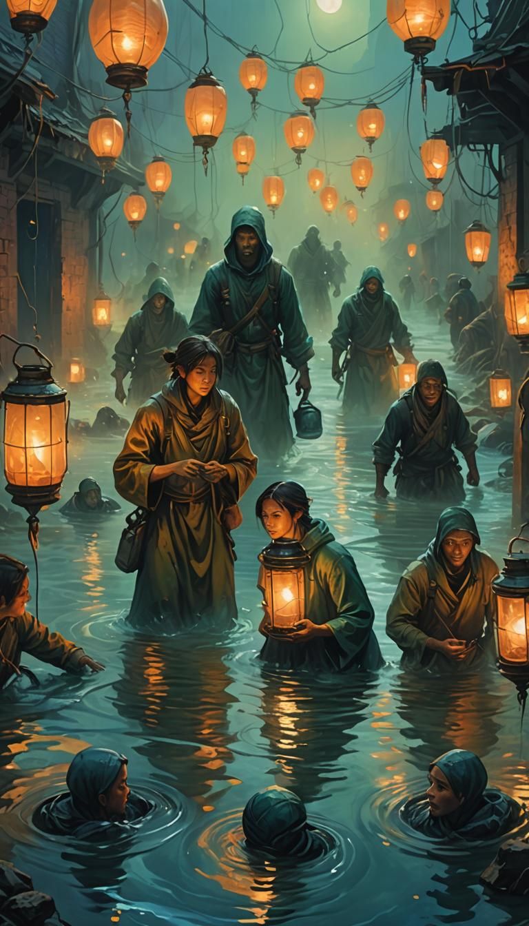 Eerie Lanterns Light Sewage: A Fantasy Concept Art
