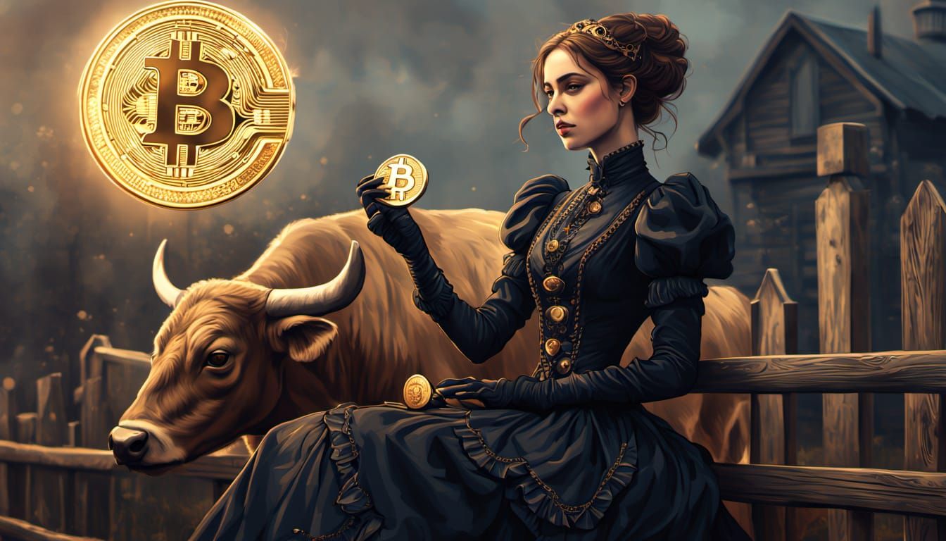 Girl with Bitcoin and Bull Calf in Steampunk Style