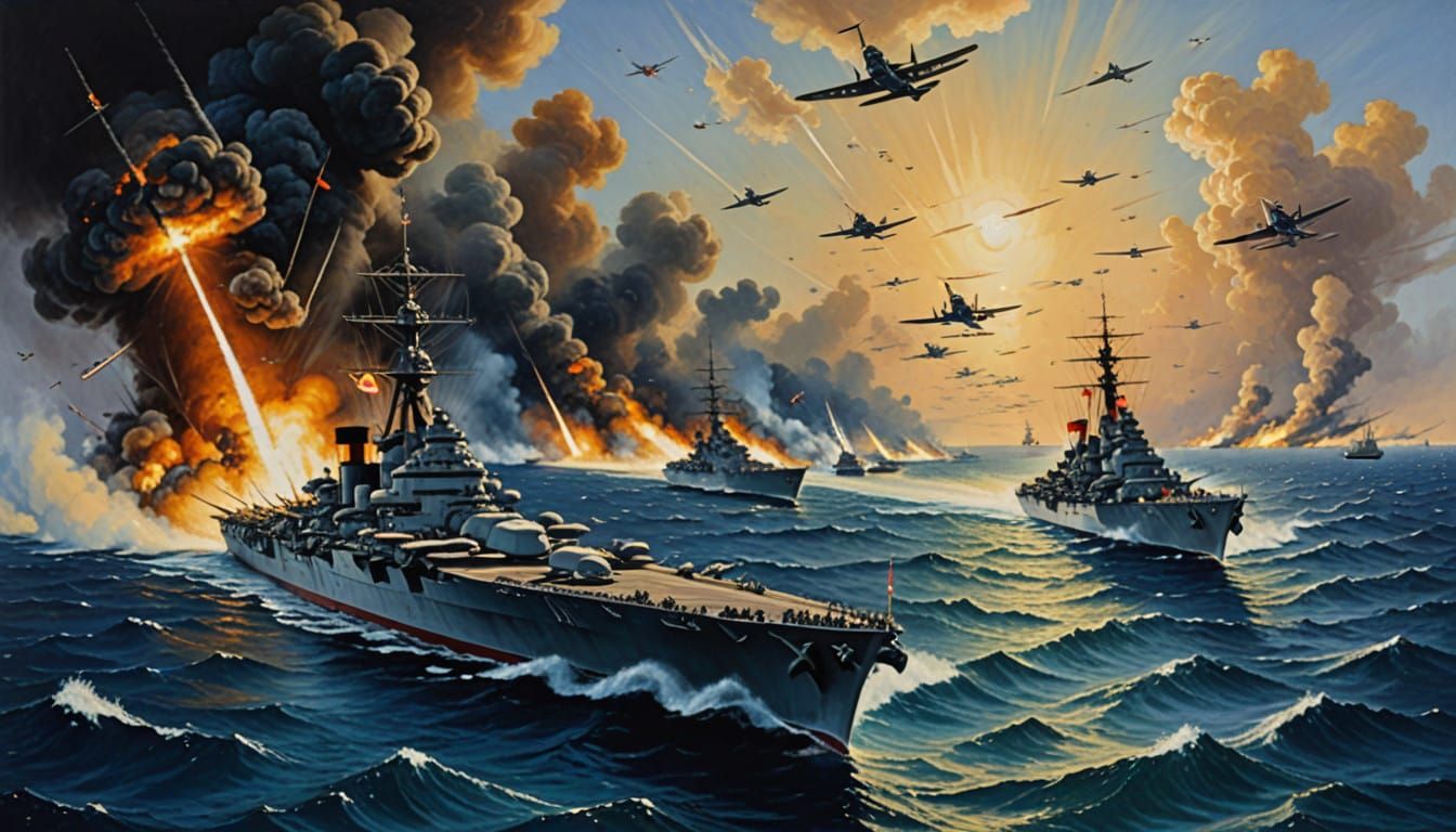Historic Naval Clash at Midway in Vibrant Oil Painting Style