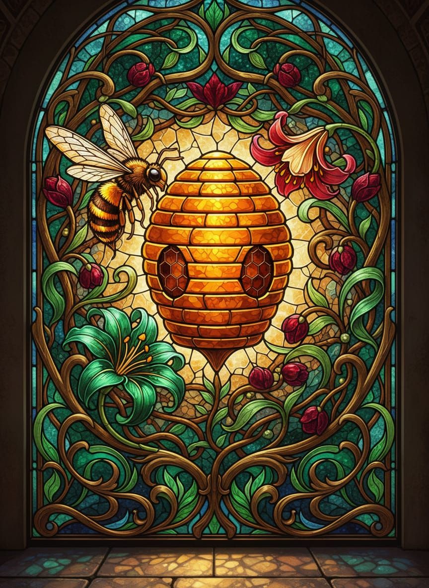 elaborate stained-glass panel depicting a vibrant Bee Hive surrounded by delicate flowering branches with intricate peta...