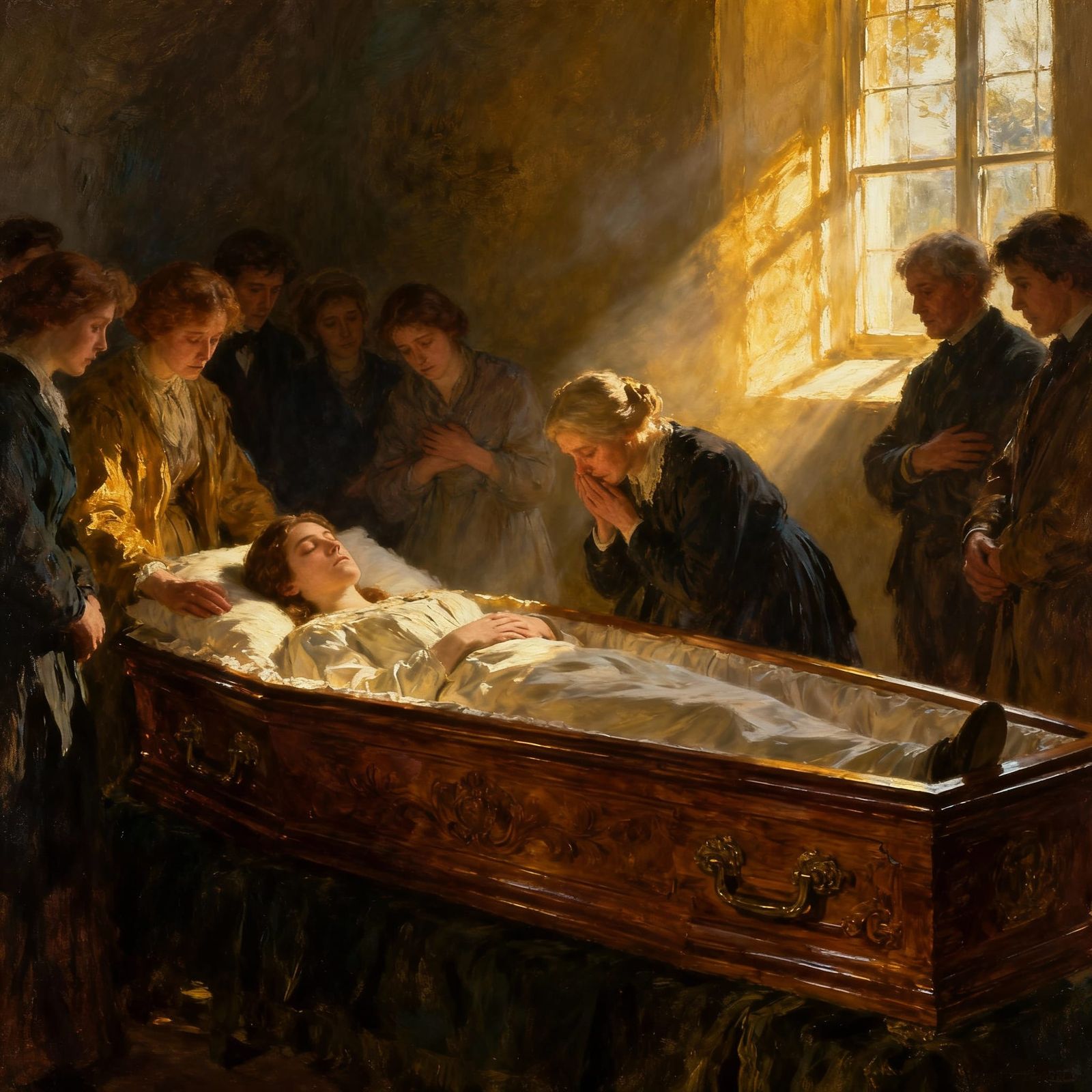 Peaceful Repose: A Somber Gathering in Oil Painting Style