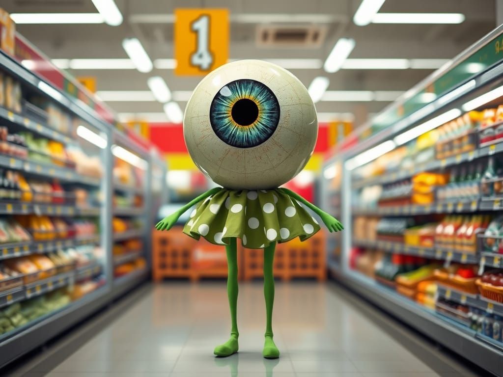 Comical Eyeball Shopper in a Grocery Store