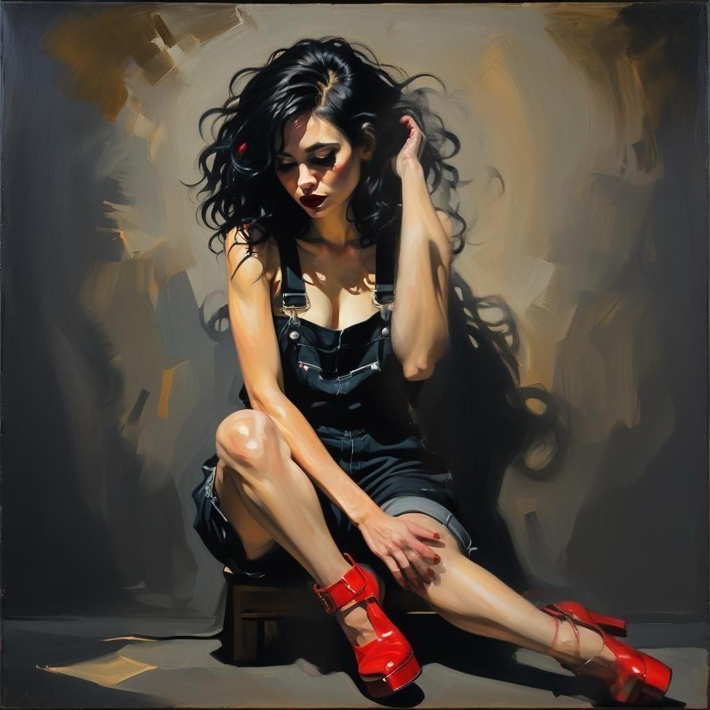 Goth Girl in Overalls Oil Painting