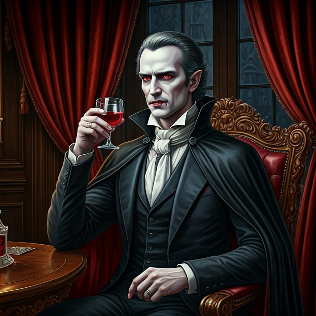 Elegant Vampire Sips Blood in Victorian Parlor