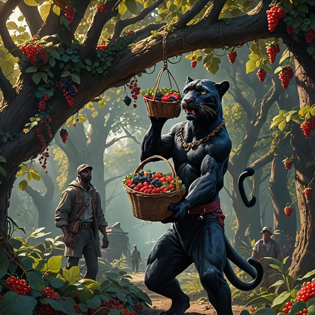 Panther Helps Man Collect Berries: Detailed Matte Painting