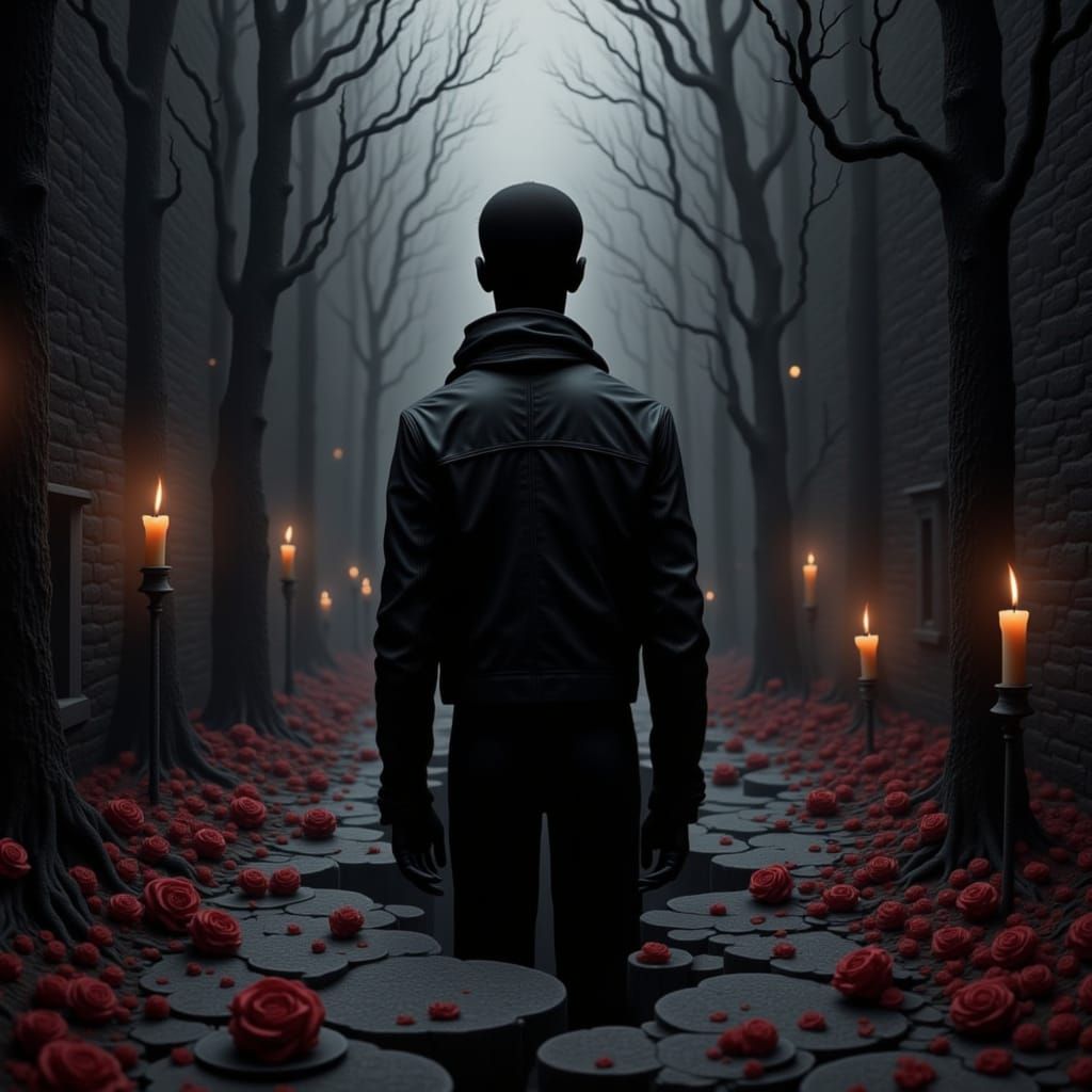 Mournful Silhouette in Noir Alley with Roses