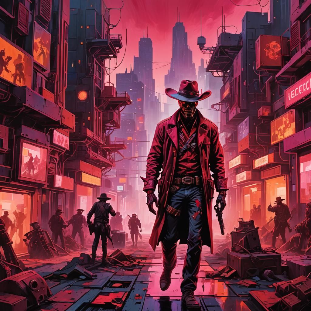 Zombie Cowboy in Retro-Futuristic Metropolis