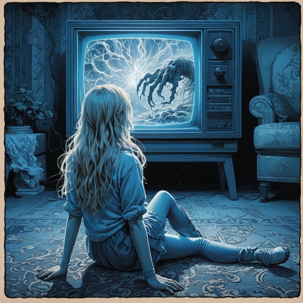 Eerie Girl and Ghostly Arm in 80s Living Room