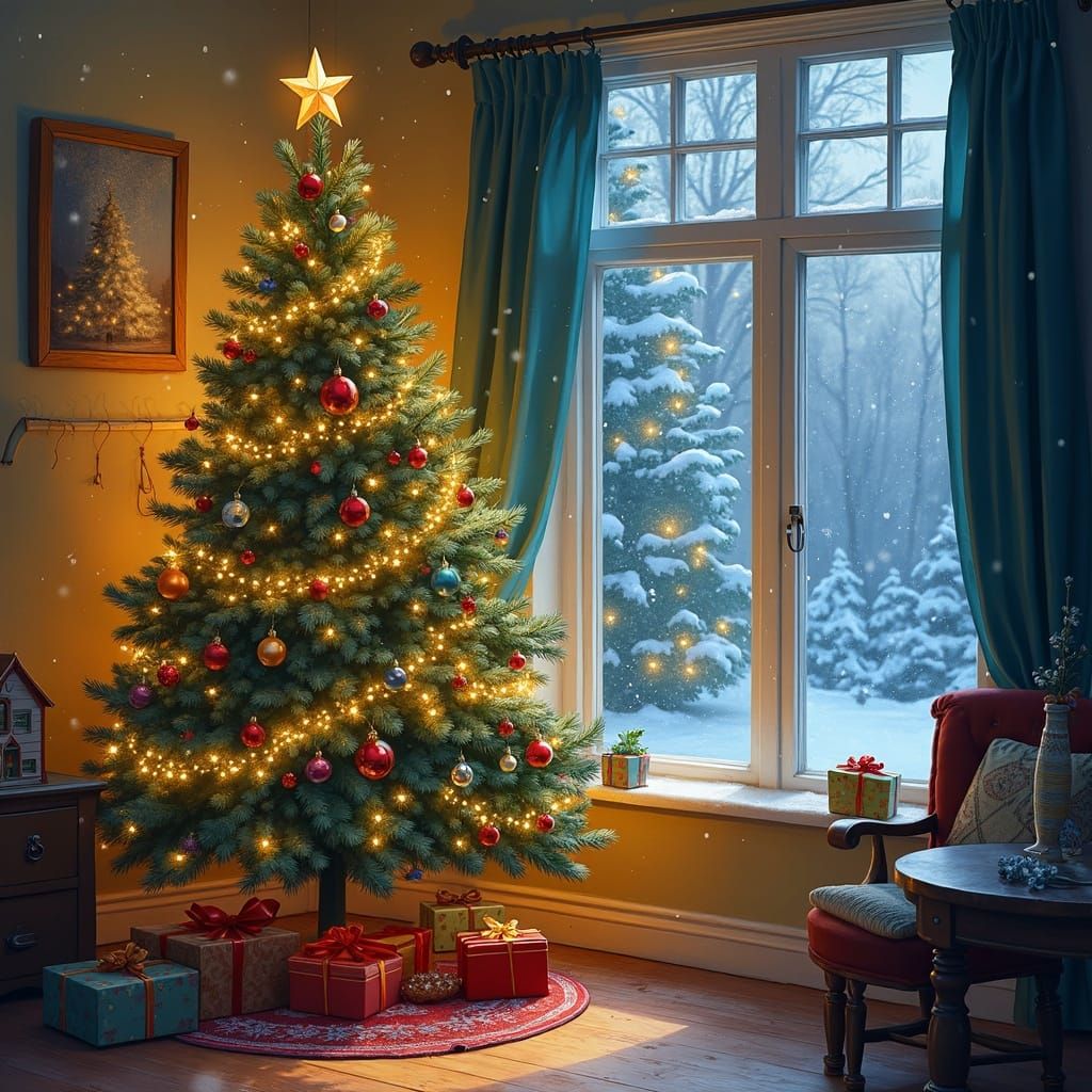 Cozy Christmas Home with Snowfall, Painterly Style