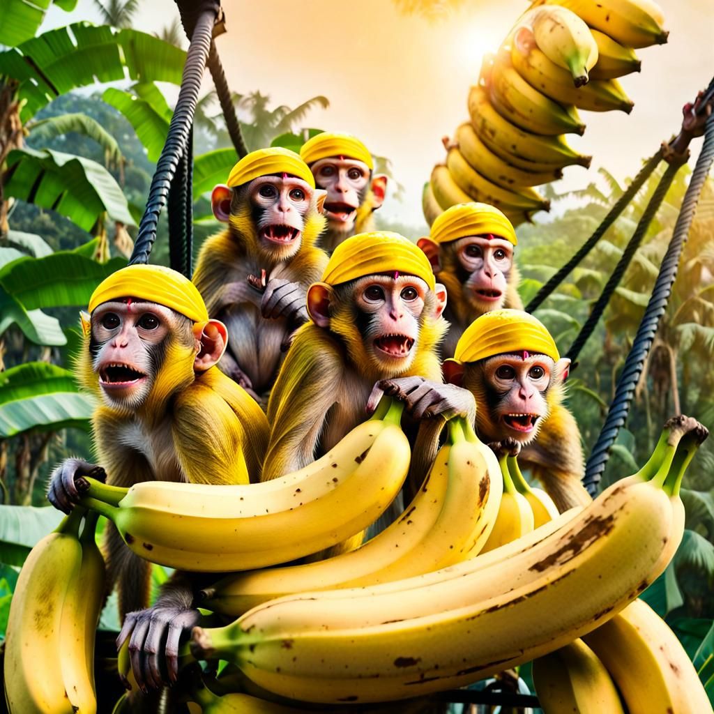 Pirate Monkeys on Banana Cableway, Hyperrealistic Art