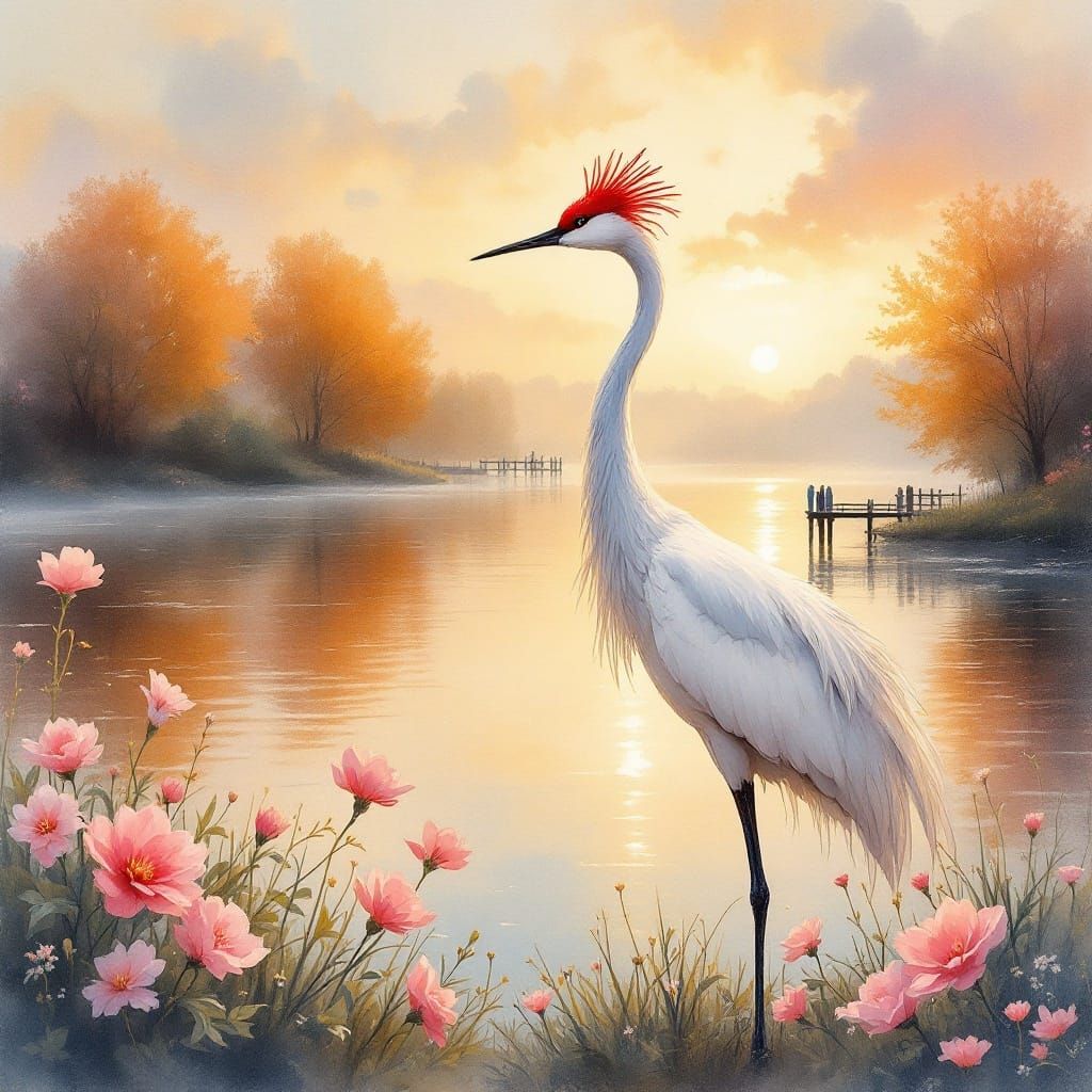 Romantic Watercolor Crane in Soft Focus