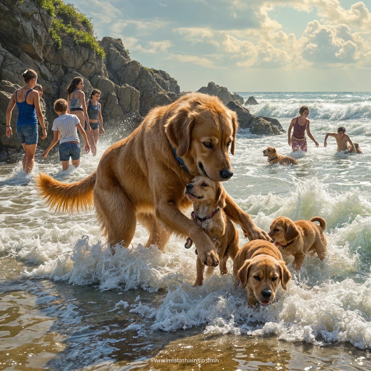 Dog Rescues Puppies from Water with Human Help