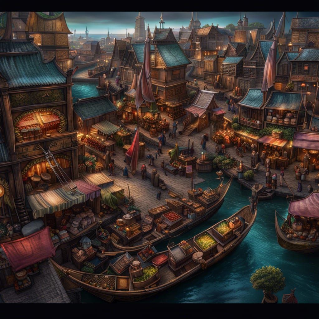 Fantasy Harbor Market with Colorful Stalls