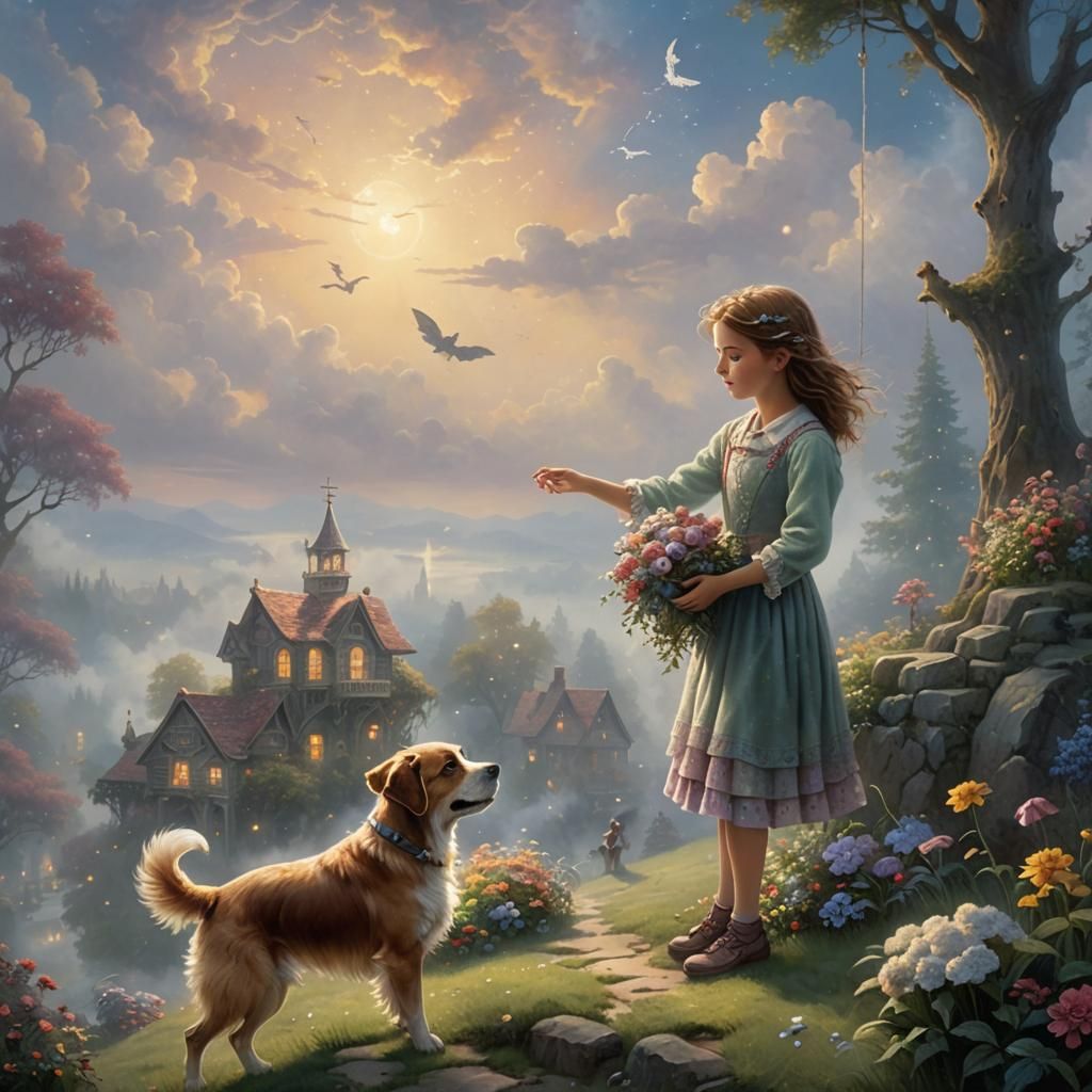 Girl in Ethereal Heaven with Loyal Companion