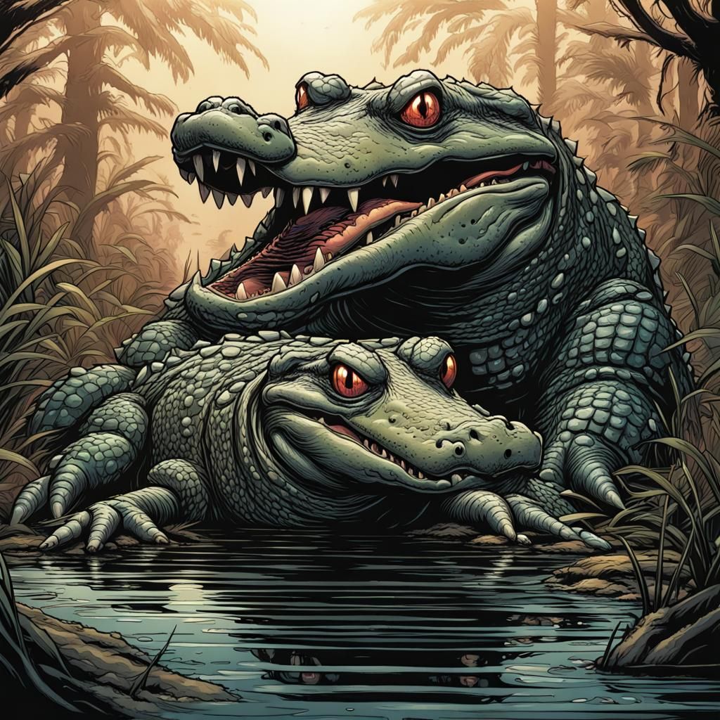 Two-Headed Alligator in Comic Book Art Style