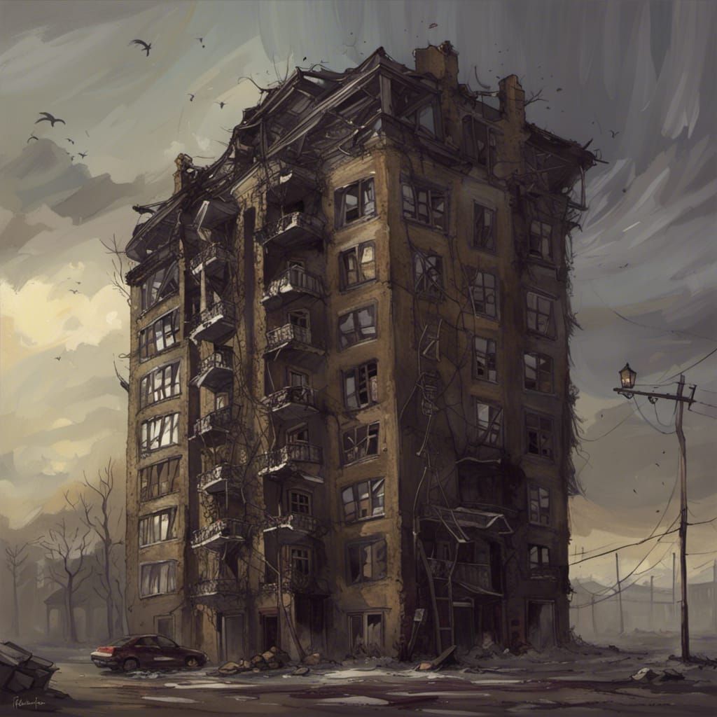 Sinister Rundown Apartment Building in Dark Fantasy Style