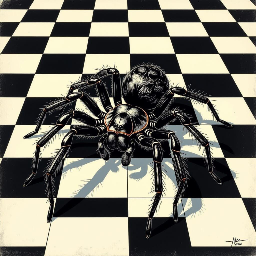 Spider on Chessboard in Geometric Art Style