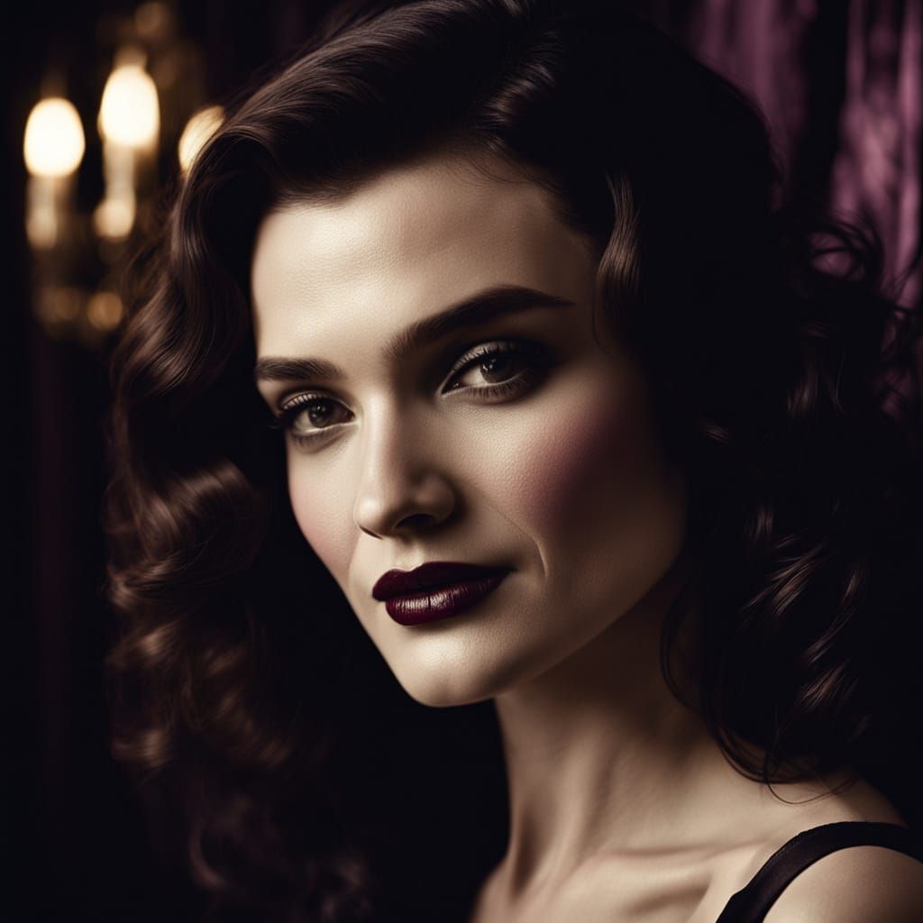 Glamorous Rachel Weisz in Sultry, Purple-Hued Boudoir