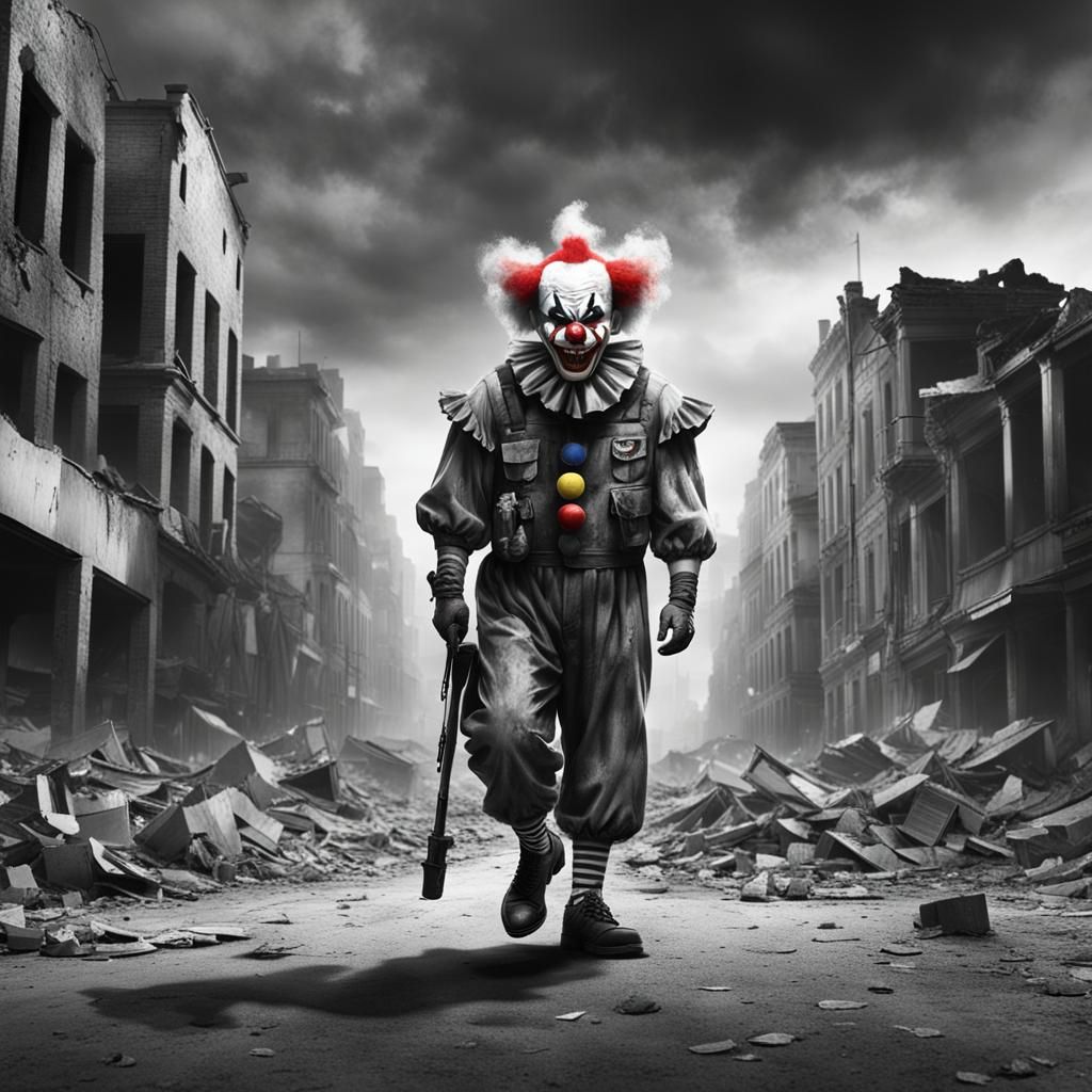 Grayscale Image of Armed Clown in Destroyed City