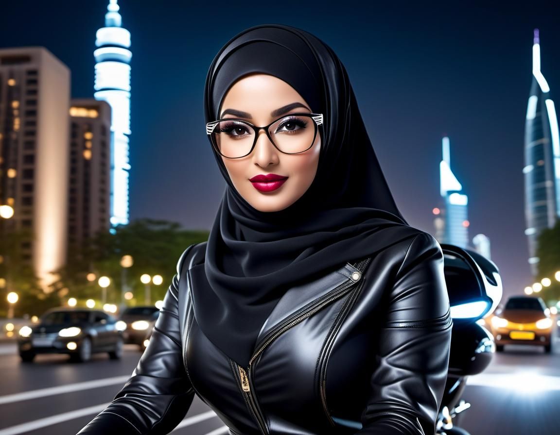 Futuristic Hijabi Biker Over the City at Night