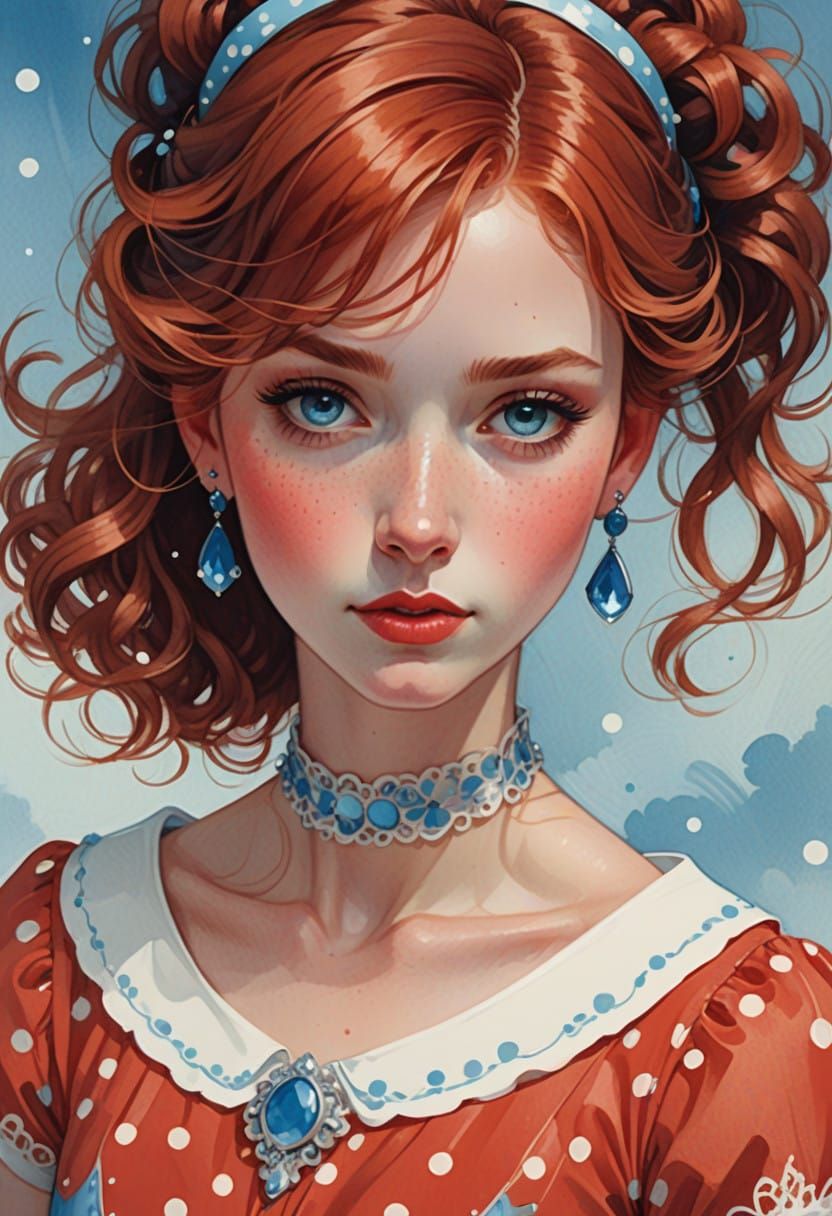 Whimsical Red-Haired Woman in Soft Blue Background