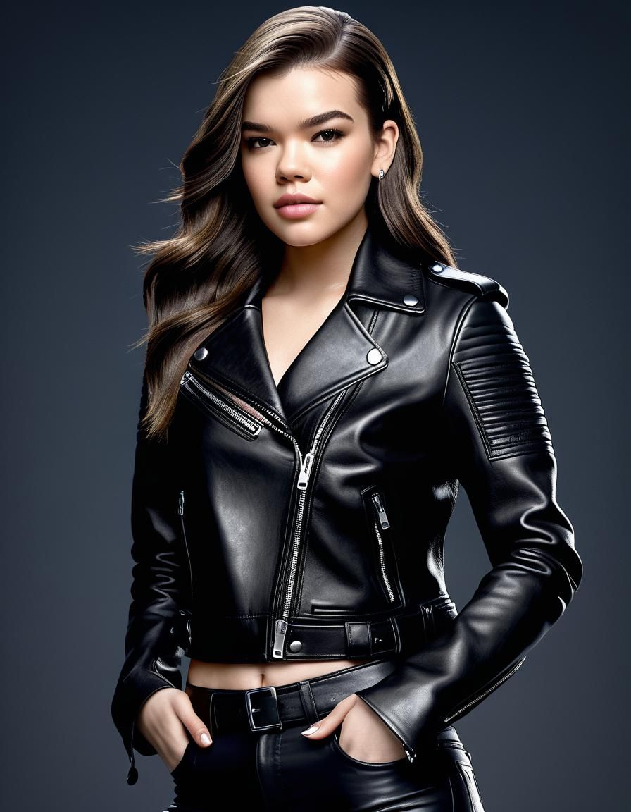 Hyperrealistic Portrait of Woman in Leather Biker Outfit
