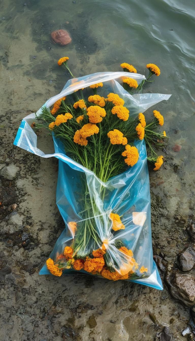 Marigold Flowers in Plastic Bag Washed Ashore