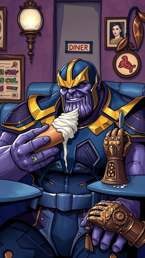 Humorous Illustration of Thanos Eating Ice Cream