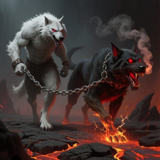 White Werewolf Walks Fiery Hellhound on Cracked Chain