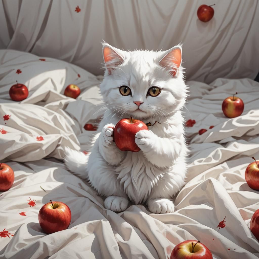 Cute White Cat Eating Apple Anime Manga