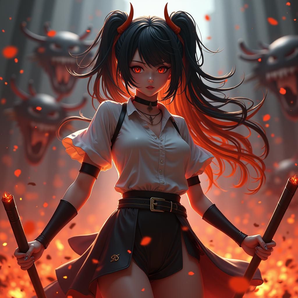 Anime Girl Fighting Demons in 3D Art
