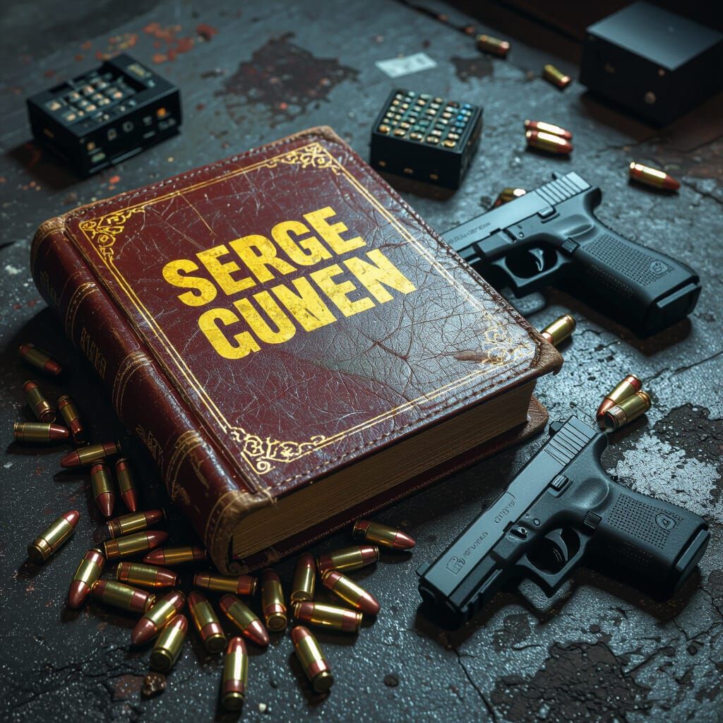 Glock and Book Cover in Dystopian Realism Style