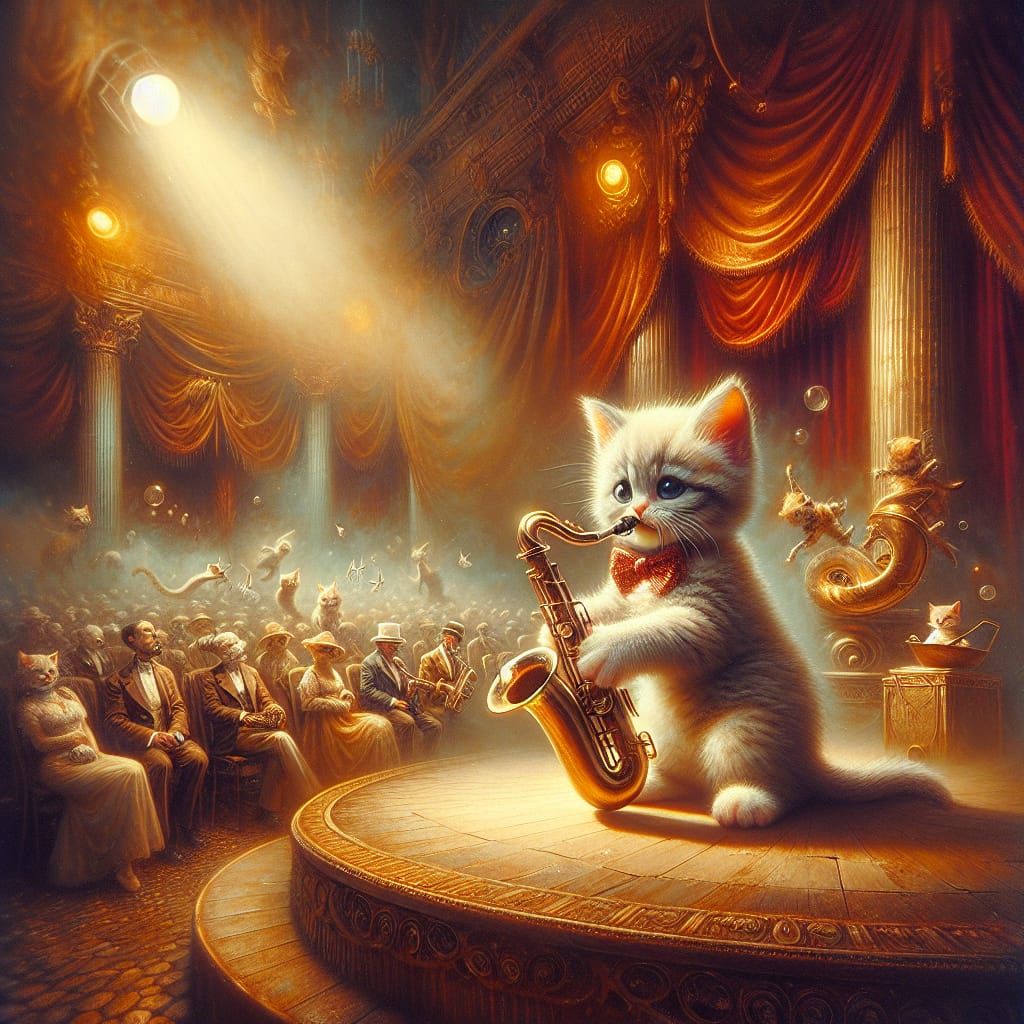 Kitten Saxophonist in Maximalist Fantasy Art Style
