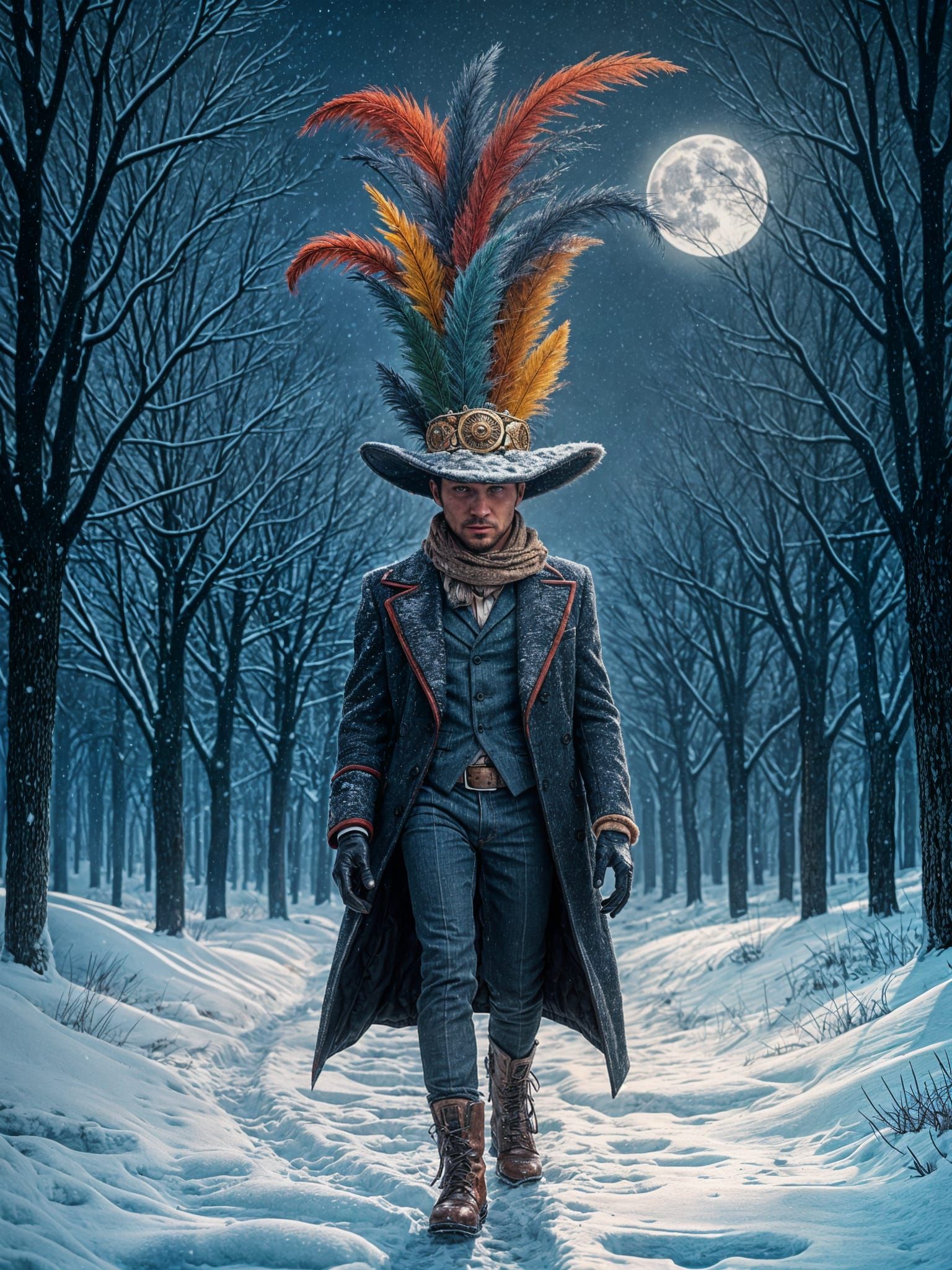 Mysterious Figure Walks Through Snowy Nighttime Landscape