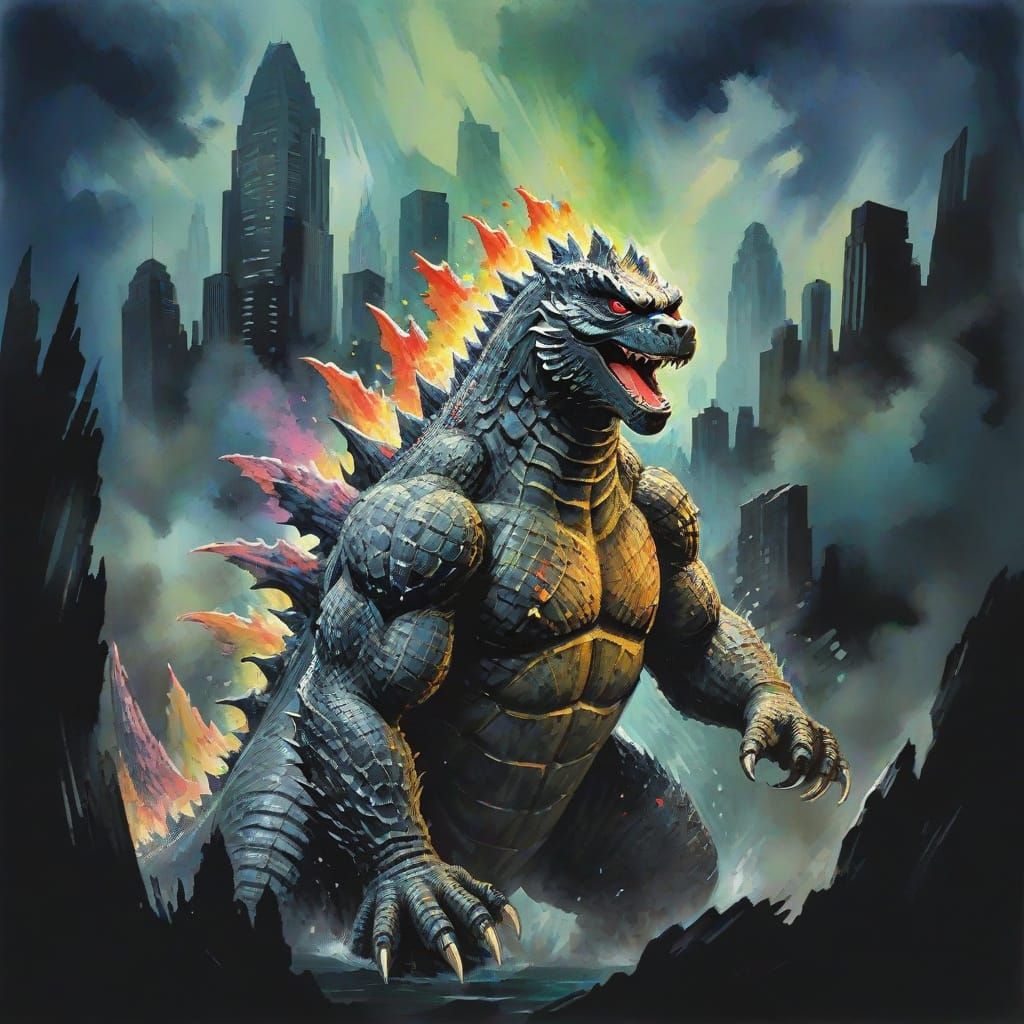 Godzilla in Gouache Style Watercolor Masterpiece