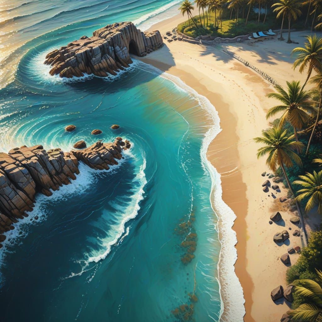 Coastal Terrace Overlooking Sandy Bay: Oil Painting Style