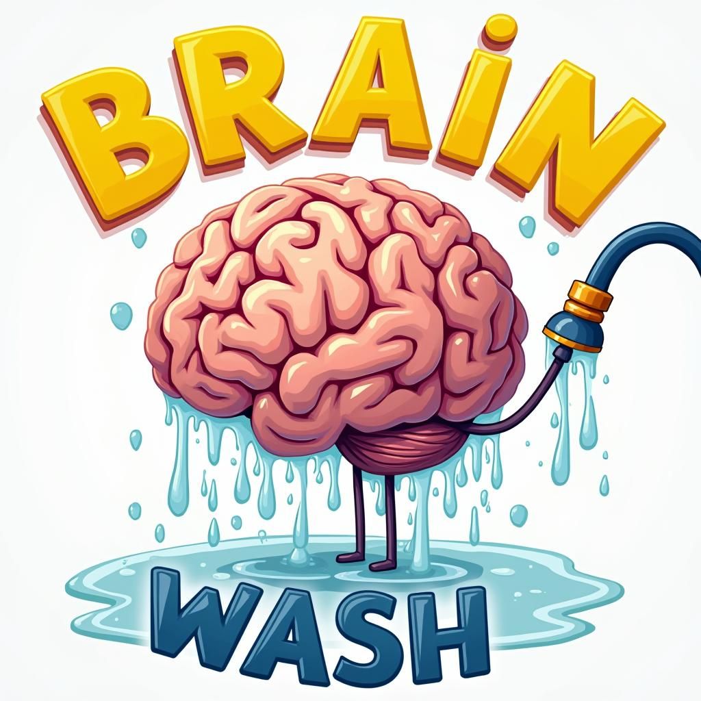 Cartoon Head Getting Washed With Yellow and Blue Text