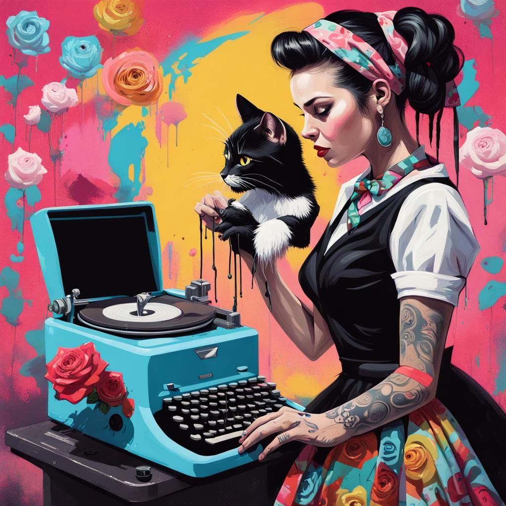 Woman with Cats and Typewriter as Graffiti Art