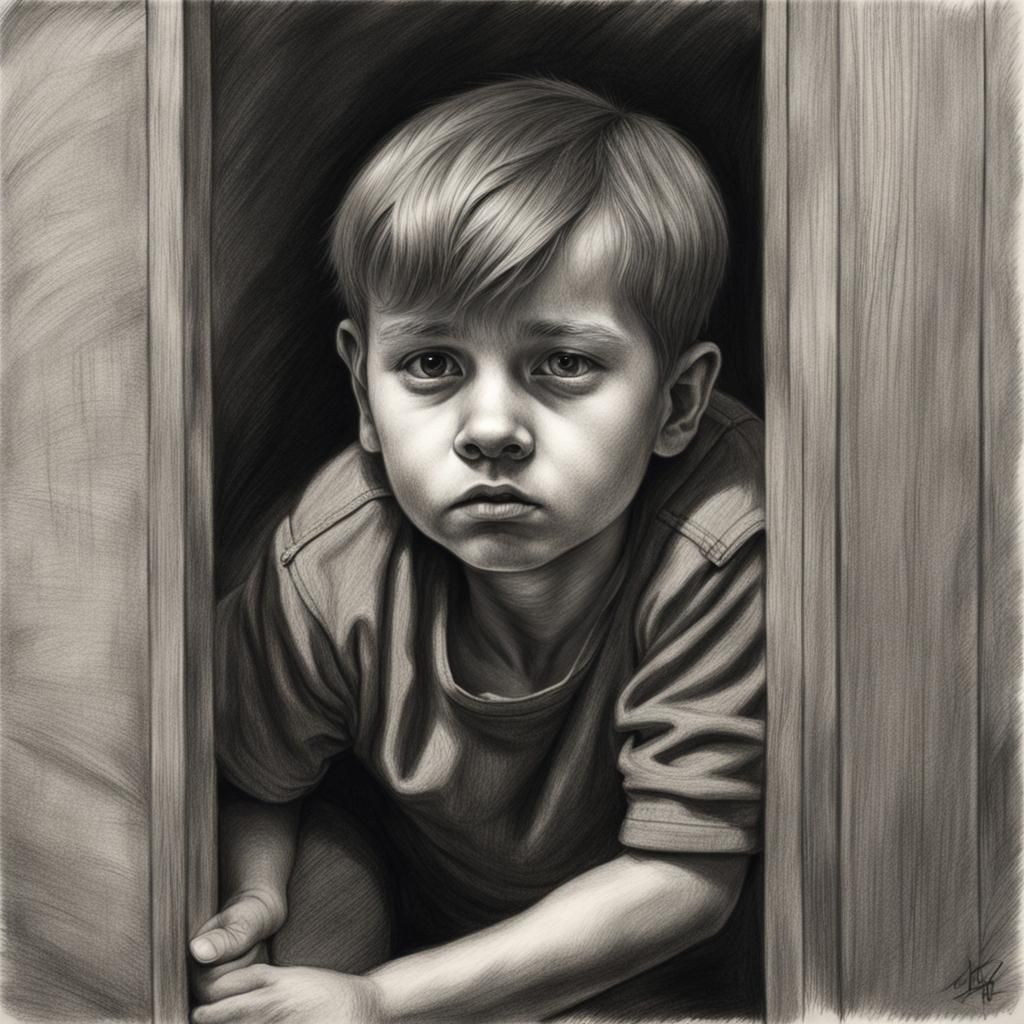 Hyperdetailed Charcoal Drawing of Sneaking Boy
