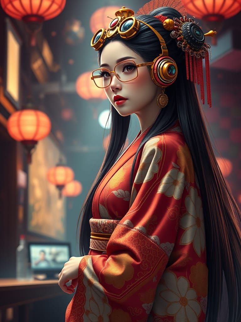 Steampunk Geisha with Cybernetic Glasses in Nightclub