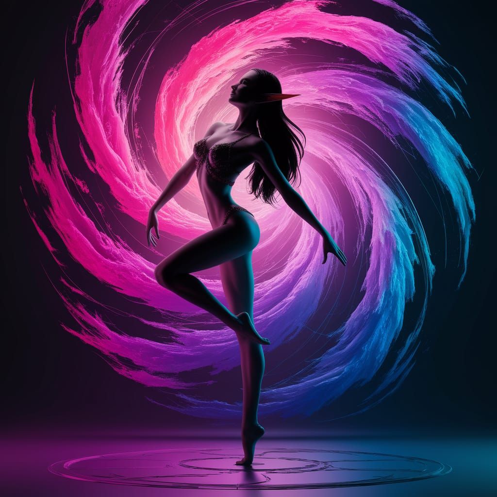Elven Dancer Emerges from Vibrant Acid Art Background