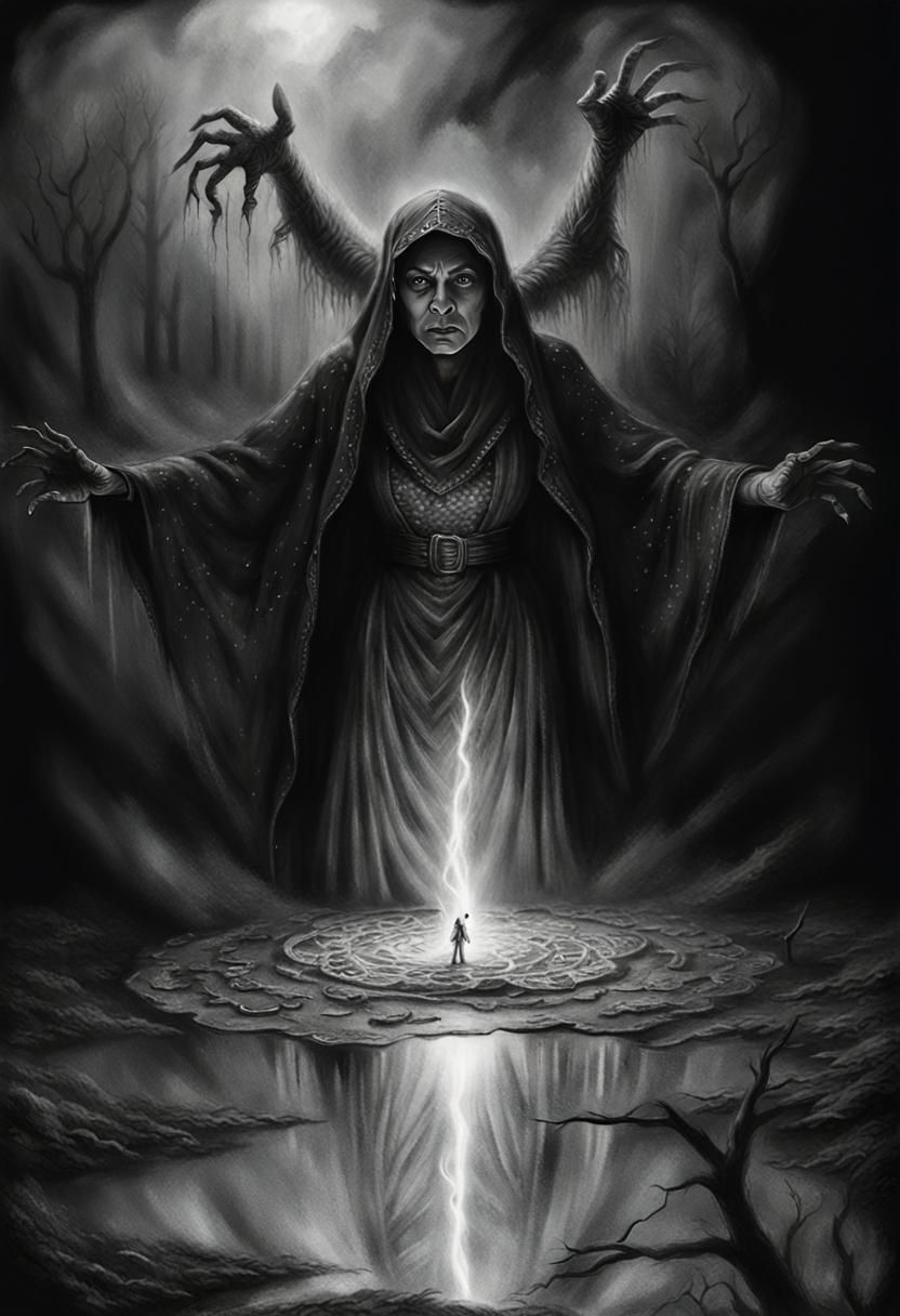 Haunted Woman in Black and White Charcoal Drawing