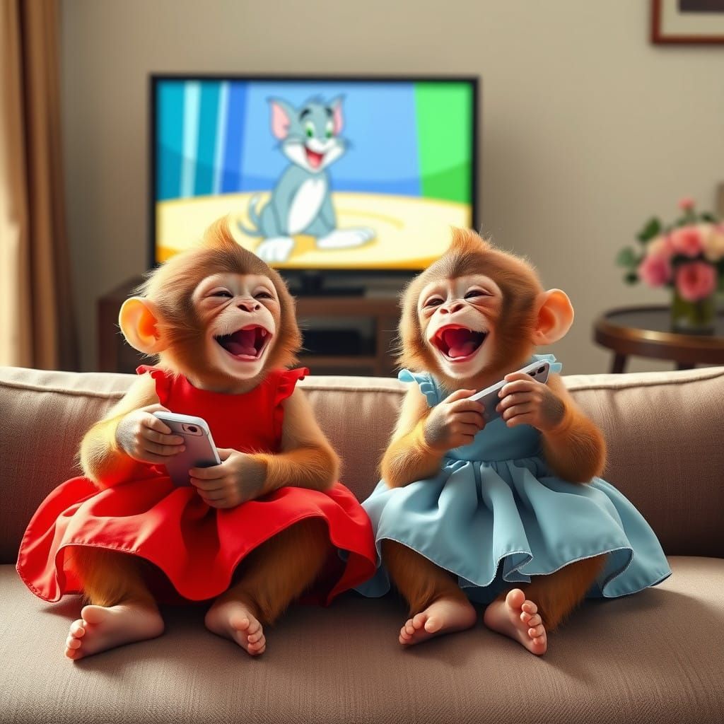 Playful Monkeys Enjoy TV and Flowers in Peaceful Room