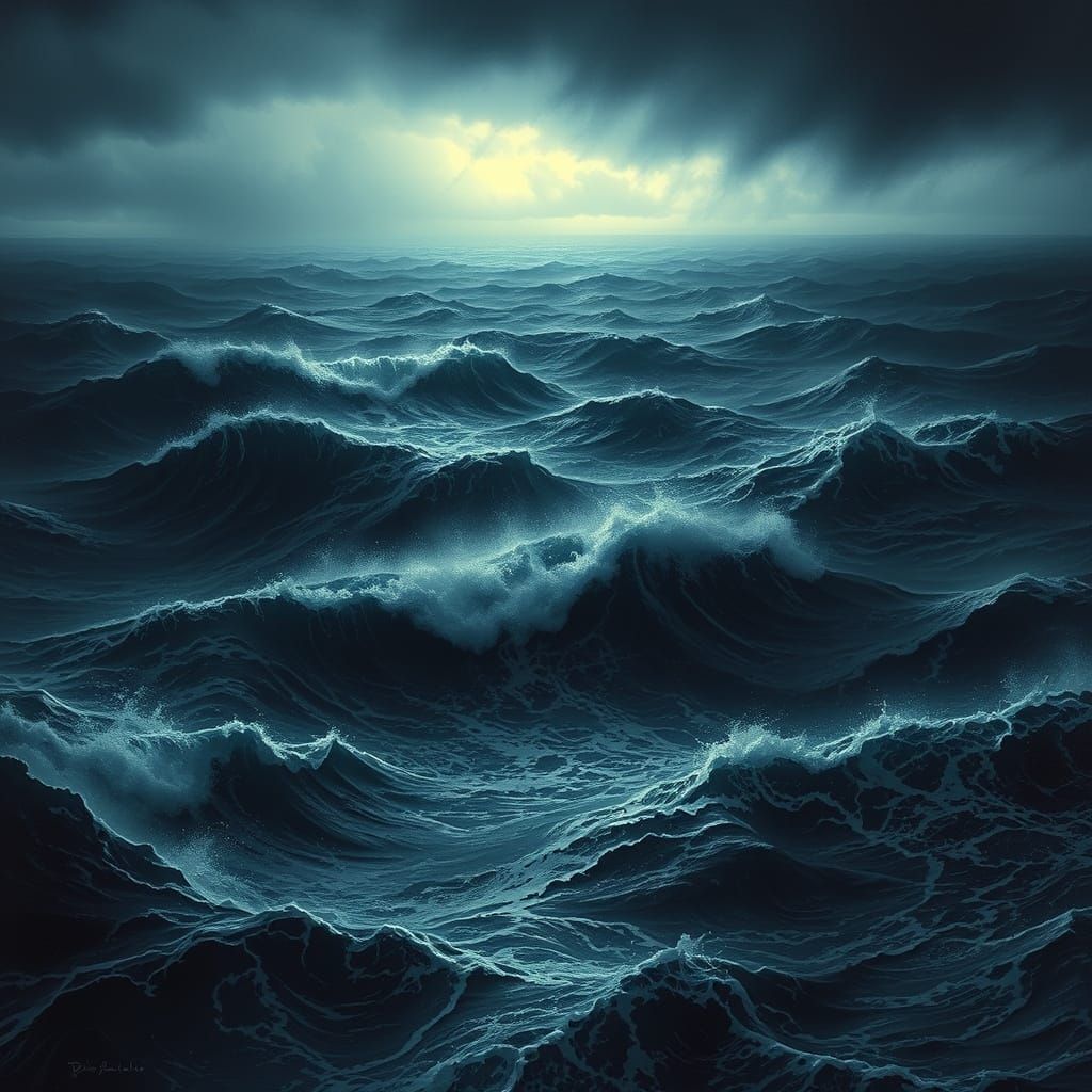 Dark Ocean Waves Under Stormy Sky