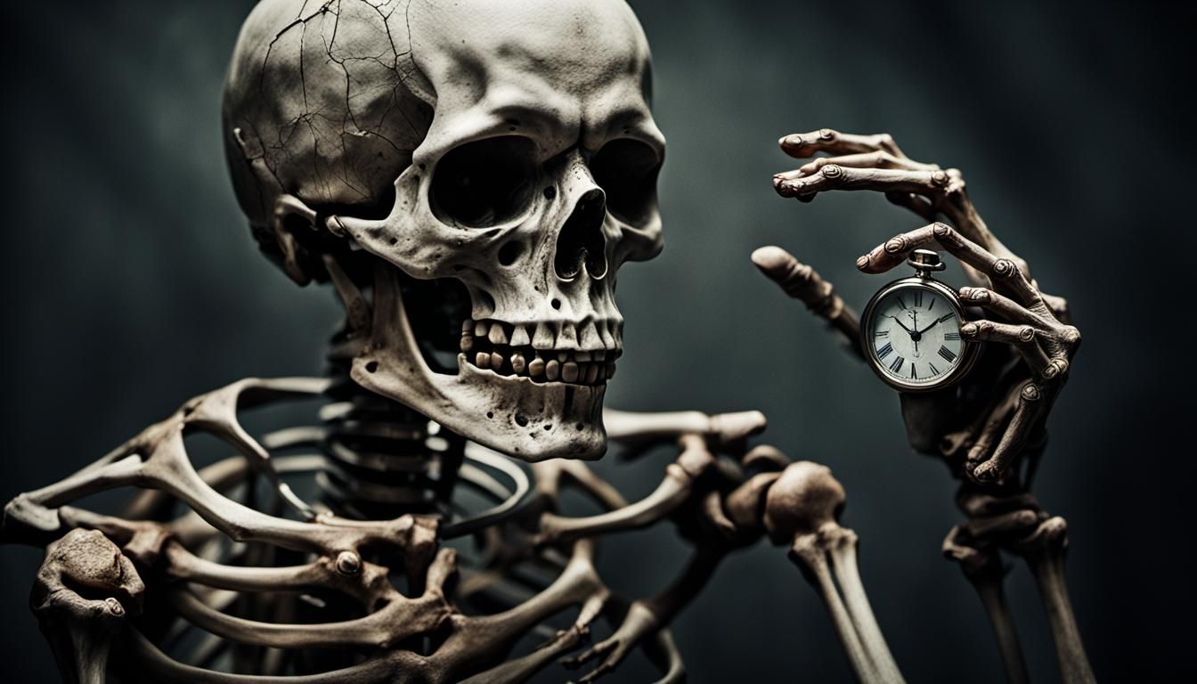 Skeleton with Clock Portrait in Photographic Style