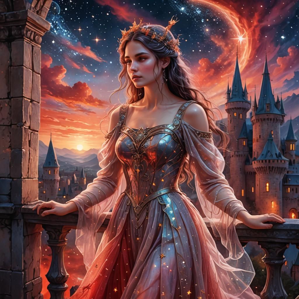 Fairy Woman on Castle Balcony: Astral Illustration