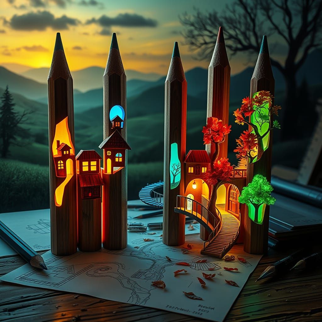 Miniature Villa Pencils in Fantastical Realism Style