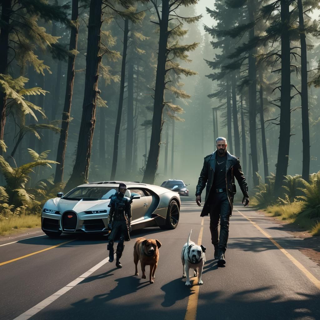 Alien and Pet Crossing Road in Cyberpunk Forest